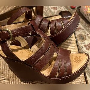 Born Chocolate Brown Leather Wedge Sandals